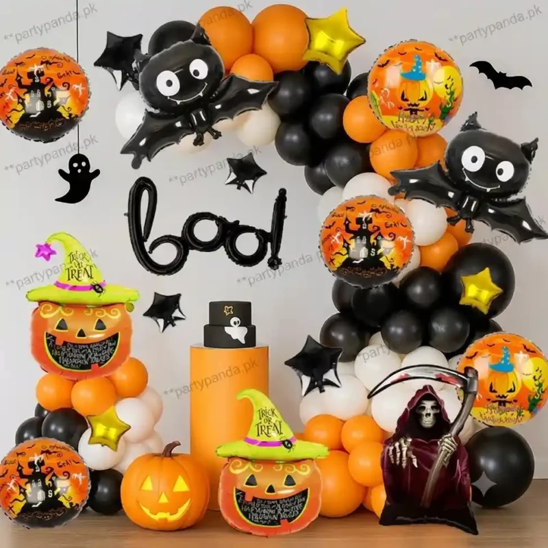 Spooky Halloween party balloon decoration setup with black and orange balloon garland, bats, and grim reaper foil balloons by partypanda.pk.