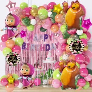 Masha and the Bear birthday theme balloon decoration setup by partypanda.pk.