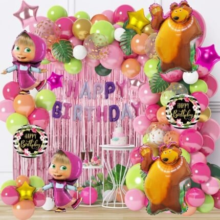 Masha and the Bear birthday theme balloon decoration setup by partypanda.pk.