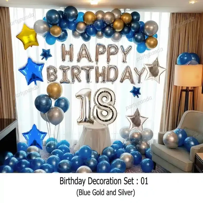 Blue and silver themed 18th birthday balloon decoration setup with a "partypanda" watermark.