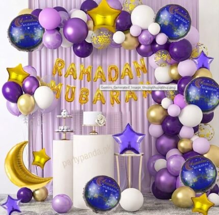 Purple and gold theme Ramadan Mubarak balloon decoration setup by partypanda.pk.