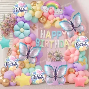 Pastel butterfly and rainbow theme birthday balloon decoration backdrop by partypanda.pk.