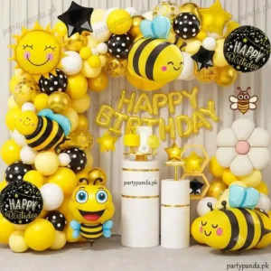 Honeybee and sunflower theme birthday balloon decoration backdrop setup by partypanda.pk.