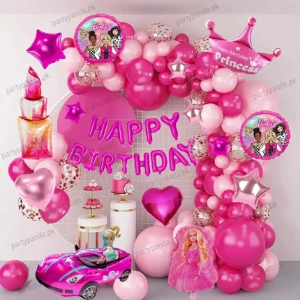 Barbie theme princess birthday decoration items set with pink balloons and watermarks.