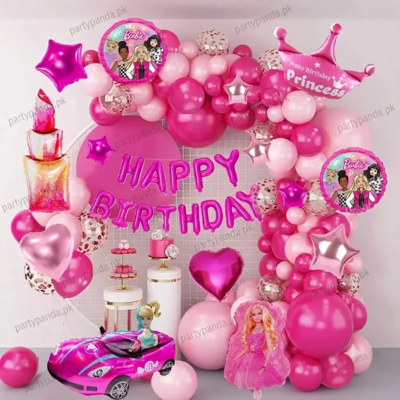 Barbie theme princess birthday decoration items set with pink balloons and watermarks.