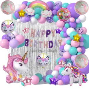 Unicorn theme birthday balloon decoration set with pastel balloon arch, rainbow, unicorn foil balloons, and PartyPanda.pk logo watermark.