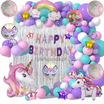 Unicorn theme birthday balloon decoration set with pastel balloon arch, rainbow, unicorn foil balloons, and PartyPanda.pk logo watermark.