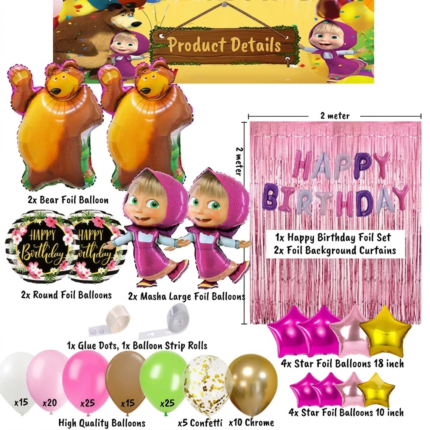 Masha and the Bear theme birthday decoration items list by partypanda.pk.