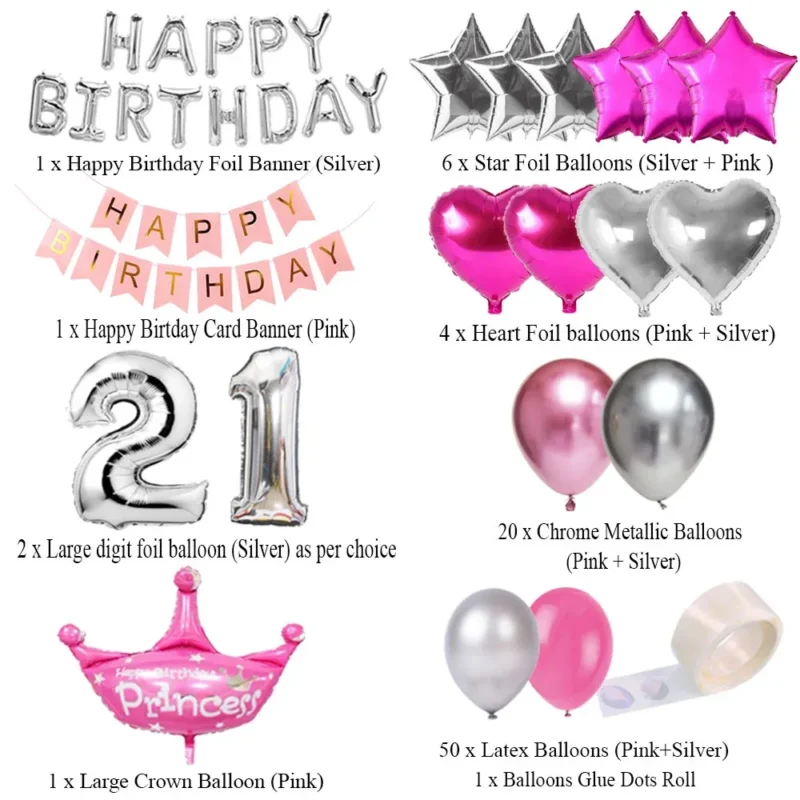 Happy Birthday Decoration Set (Pink & Silver)