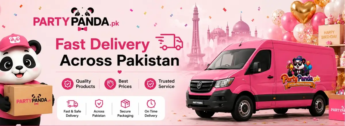 Branded pink delivery van with a colorful party panda logo and mascot banner for PartyPanda.pk online party decor shop, featuring trust badges for shipping across Pakistan.