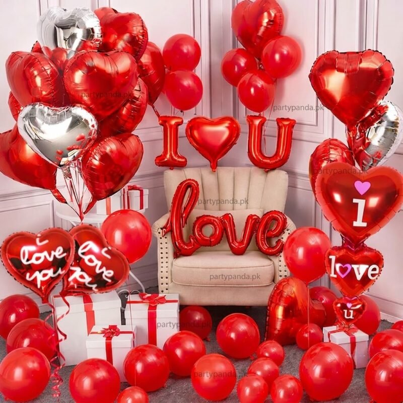 Romantic red and silver heart balloon decoration kit with gift boxes by Partypanda.pk for Valentine's Day and anniversary surprises.