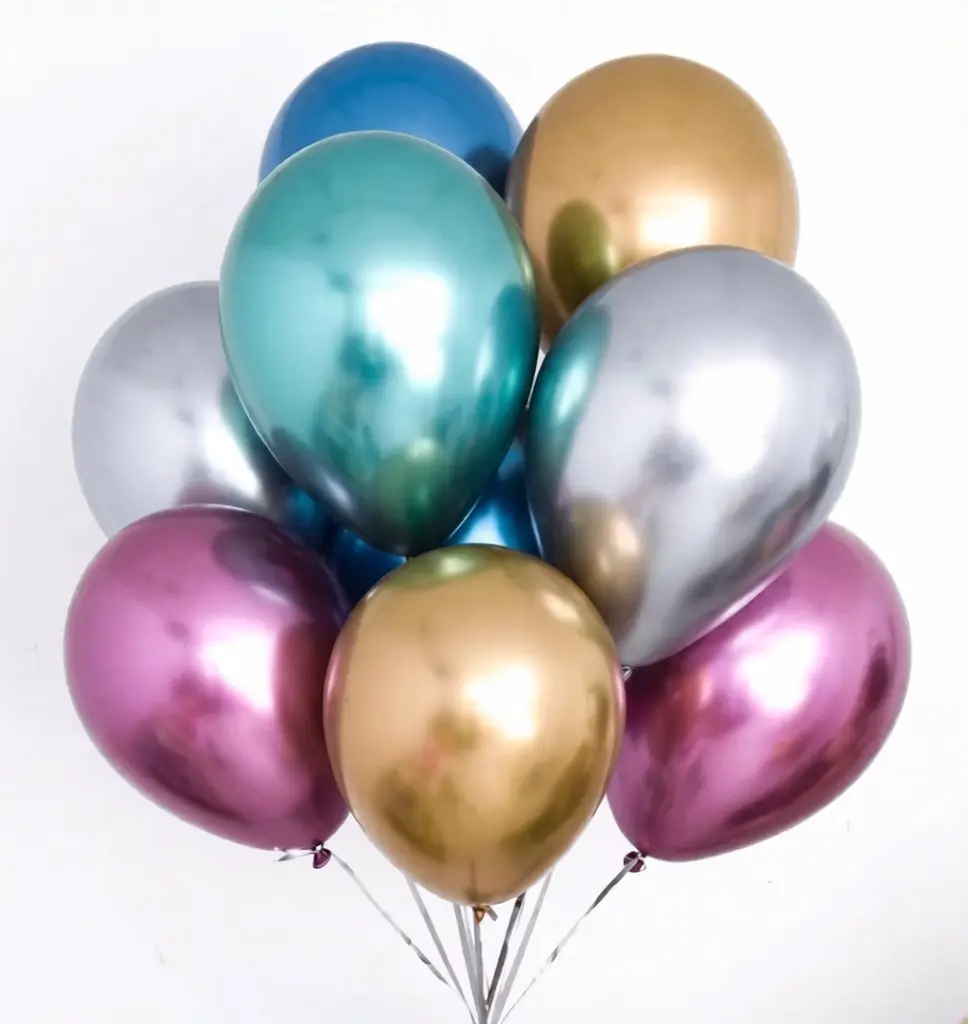 ca0761db-198c-44a1-8289-74c3265c4e2c-ezremove (1) Metallic chrome balloons bouquet bundle in teal, silver, gold, purple, and blue with partypanda.pk watermark overlay for birthday and event decoration.