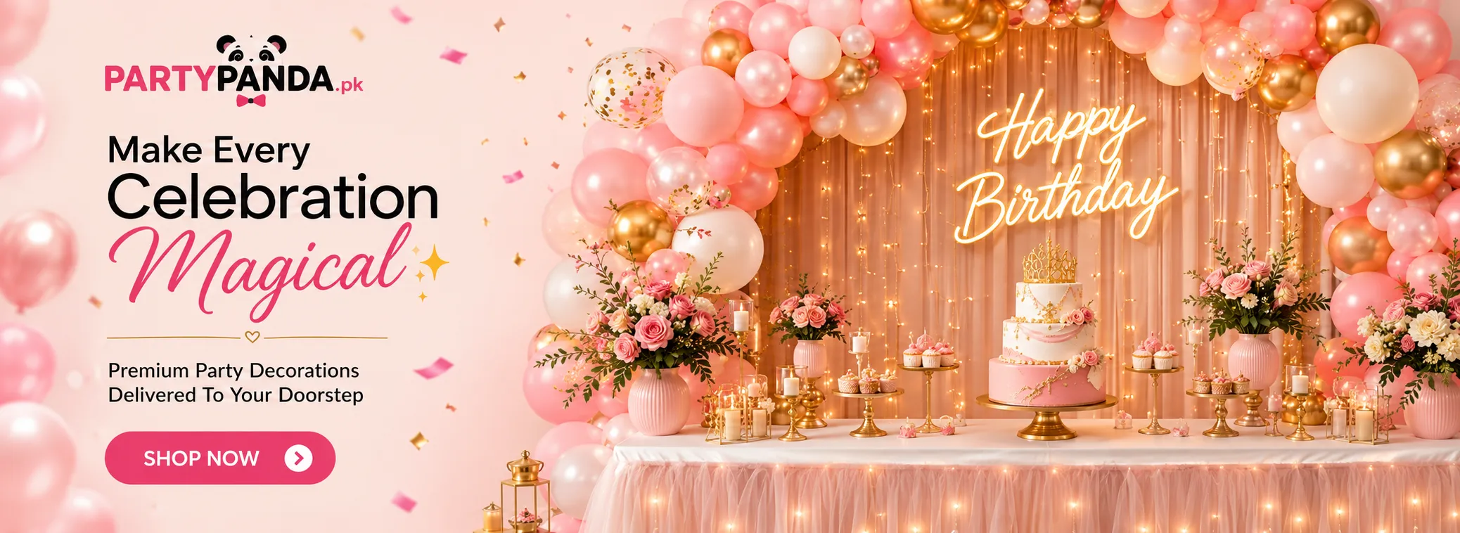 Premium pink and gold balloon decoration setup for a birthday party by PartyPanda.pk website banner.