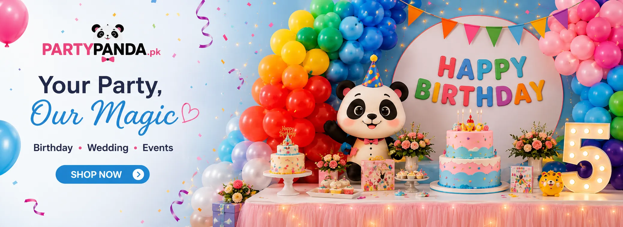 Rainbow theme kids birthday decoration banner by PartyPanda.pk featuring a cute panda cutout and birthday cakes.