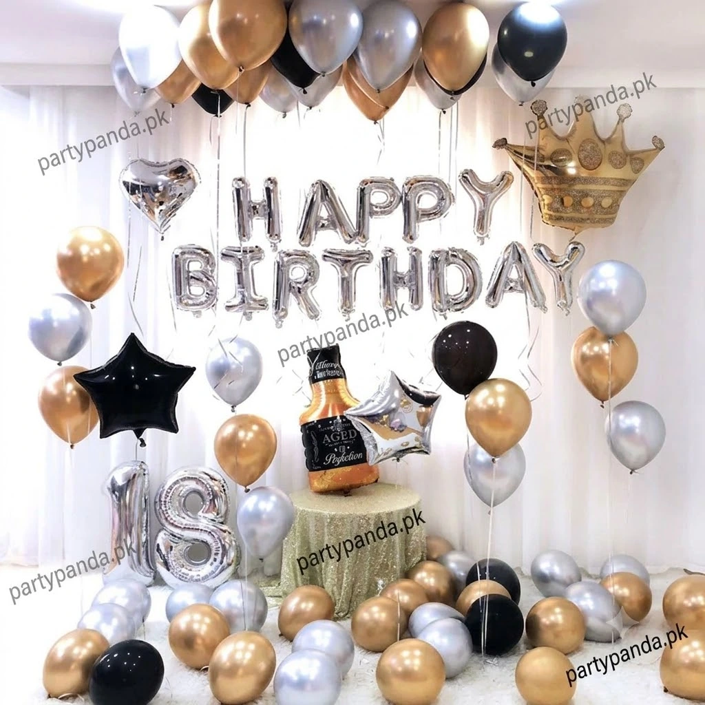 e5798f35-6a94-4e4e-a9ed-eff2385a3558 Elegant black and gold 18th birthday balloon decoration setup by partypanda.pk.