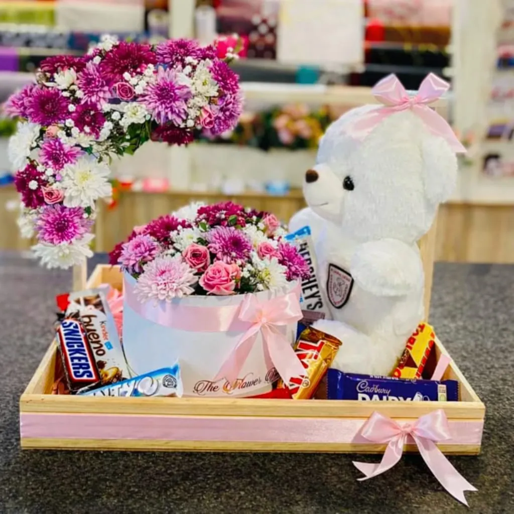gift-1 Fresh Flowers & Teddy Bear Gift Basket – Pink Roses, Chocolates & Soft Bear - Image 1