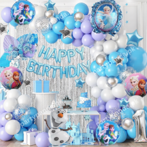 Frozen birthday decoration kit with blue, purple, white, and silver balloon garland, "HAPPY BIRTHDAY" foil balloons, Elsa, Anna, and Olaf character balloons, silver tinsel backdrop, and number 1 foil balloon for party theme.