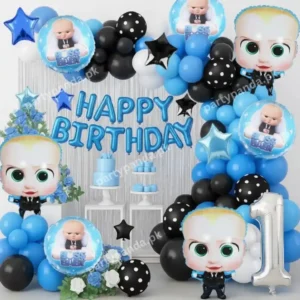 Boss Baby theme 1st birthday decoration items set with blue and black balloons.