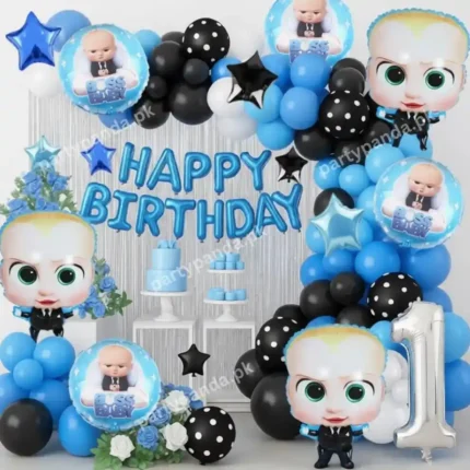 Boss Baby theme 1st birthday decoration items set with blue and black balloons.